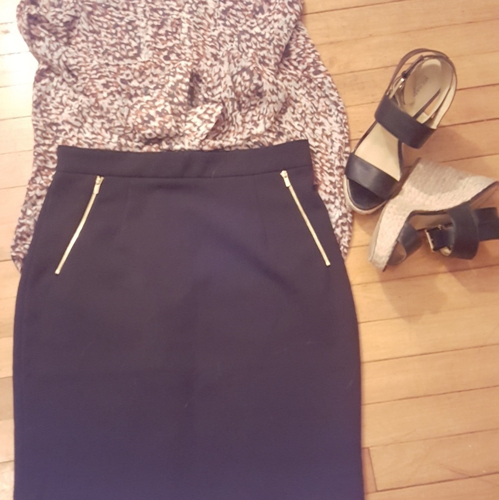 Black pencil skirt, gold accents